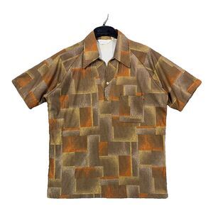 Vintage Lilly Dache Mens Large 70s Geometric Disco Short Sleeve Shirt Brown